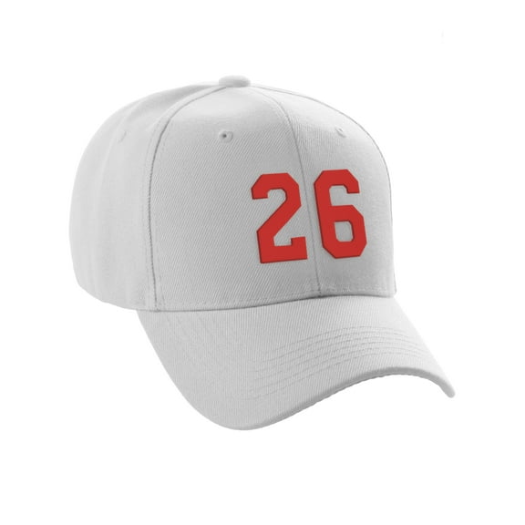 Daxton Structured Baseball Hat Cap Curved Visor Custom Team Number - White Hat, Red 26