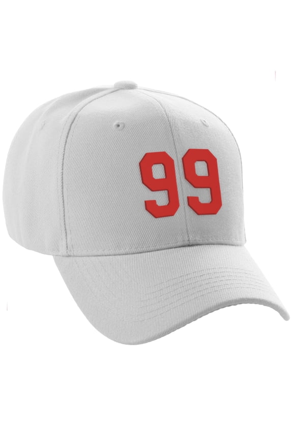 Structured Baseball Hat Cap Curved Visor Custom Team Number - White Hat, Red99