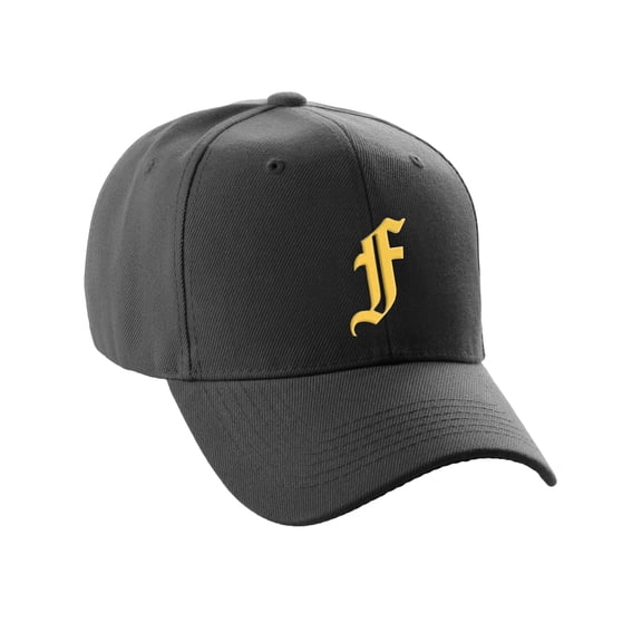 Daxton Structured Baseball Hat Cap Curved Visor Old English Font Alphabet A to Z, Black Hat Gold F