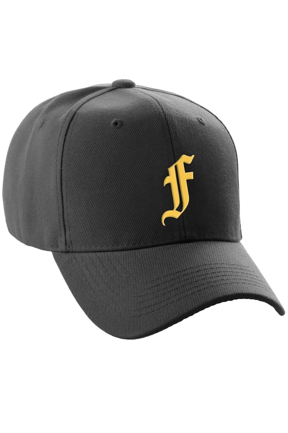 Structured Baseball Hat Cap Curved Visor Old English Font Alphabet A to Z, Black Hat Gold F