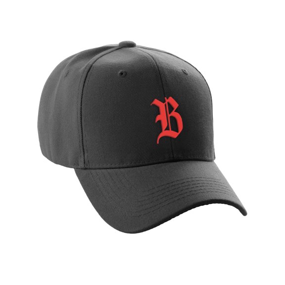 Daxton Structured Baseball Hat Cap Curved Visor Old English Font Alphabet A to Z, Black Hat Red B