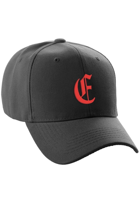 Structured Baseball Hat Cap Curved Visor Old English Font Alphabet A to Z, Black Hat Red E