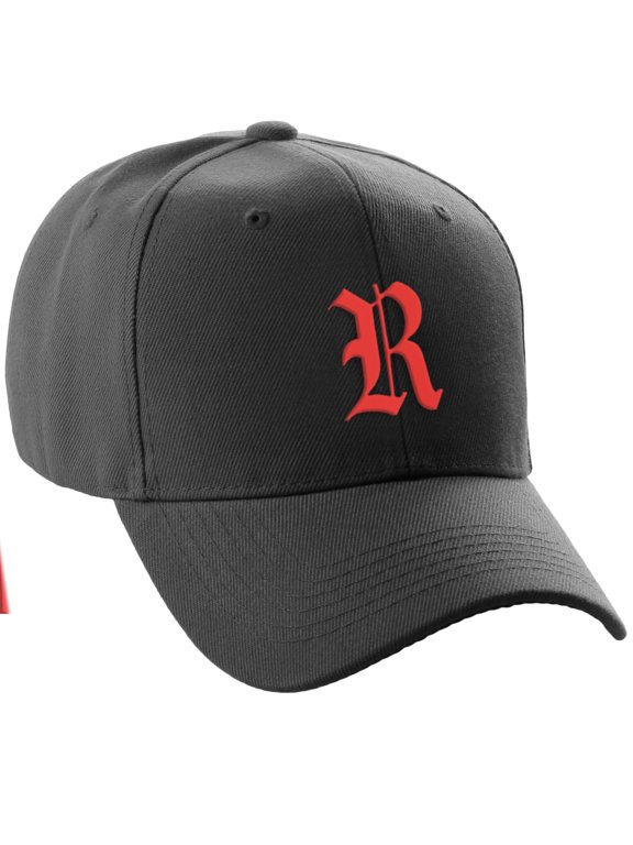 Structured Baseball Hat Cap Curved Visor Old English Font Alphabet A to Z, Black Hat Red R