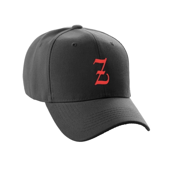 Daxton Structured Baseball Hat Cap Curved Visor Old English Font Alphabet A to Z, Black Hat Red Z