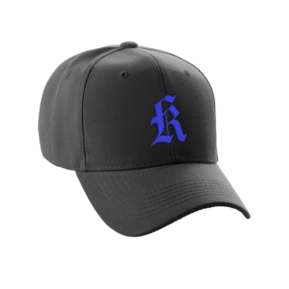 Daxton Structured Baseball Hat Cap Curved Visor Old English Font Black Hat Royal K