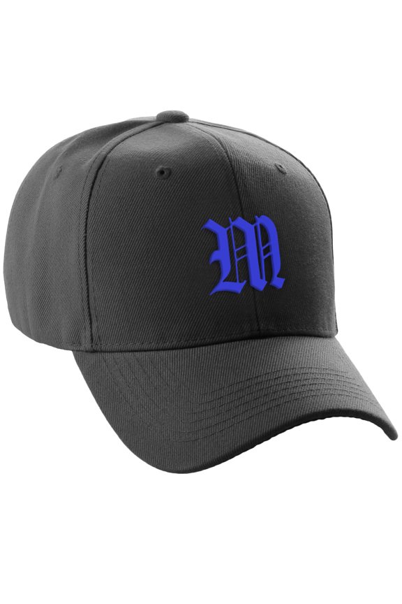 Structured Baseball Hat Cap Curved Visor Old English Font Alphabet A to Z, Black Hat Royal M