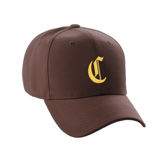 Daxton Structured Baseball Hat Cap Curved Visor Old English Font Alphabet A to Z, Brown Hat Gold C