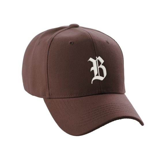 Daxton Structured Baseball Hat Cap Curved Visor Old English Font Alphabet A to Z, Brown Hat White B