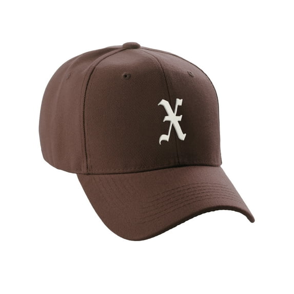 Daxton Structured Baseball Hat Cap Curved Visor Old English Font Alphabet A to Z, Brown Hat White X