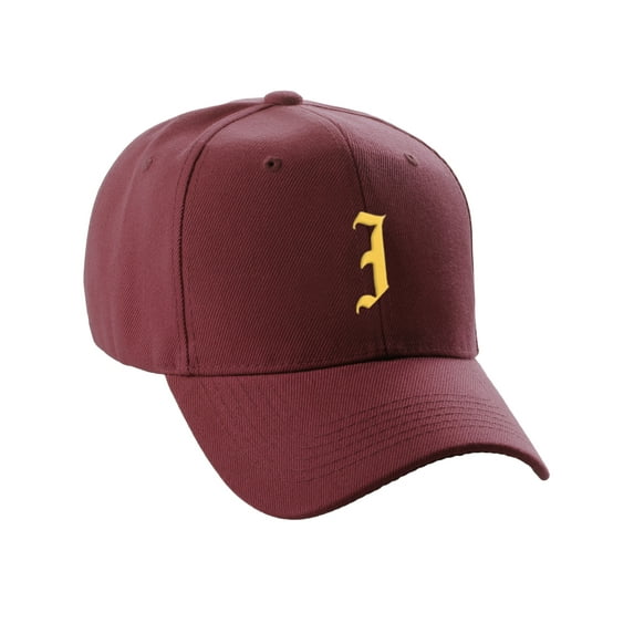 Daxton Structured Baseball Hat Cap Curved Visor Old English Font Alphabet A to Z, Burgundy Hat Gold I