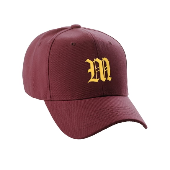 Daxton Structured Baseball Hat Cap Curved Visor Old English Font Alphabet A to Z, Burgundy Hat Gold M