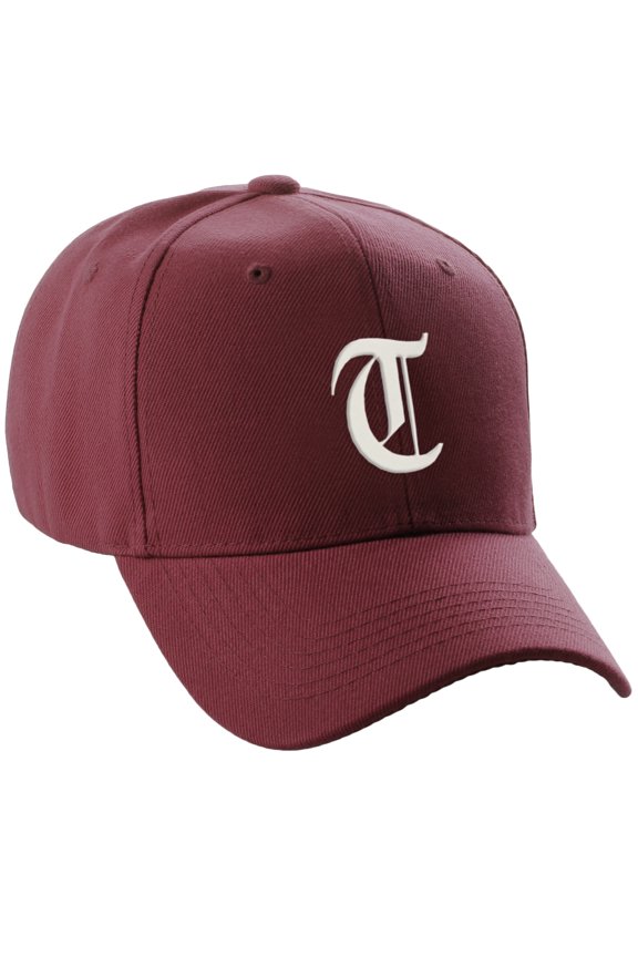 Structured Baseball Hat Cap Curved Visor Old English Font Alphabet A to Z, Burgundy Hat White T