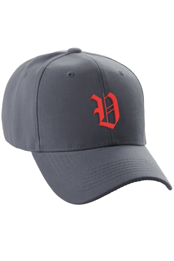 Structured Baseball Hat Cap Curved Visor Old English Font Alphabet A to Z, Charcoal Hat Red V