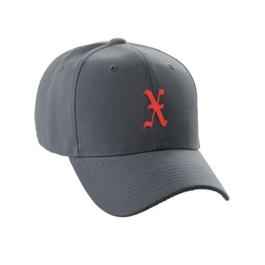 Daxton Structured Baseball Hat Cap Curved Visor Old English Font Alphabet A to Z, Charcoal Hat Red X