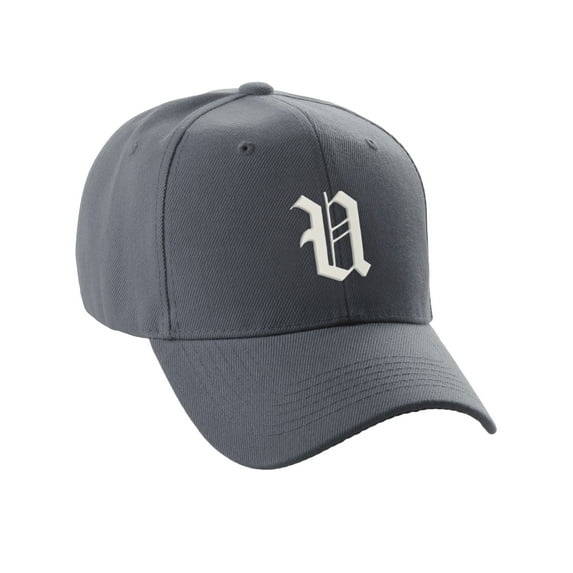 Daxton Structured Baseball Hat Cap Curved Visor Old English Font Charcoal Hat White U