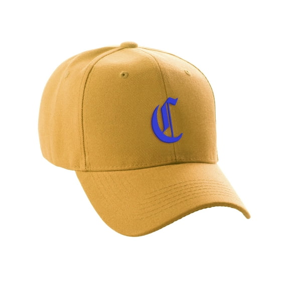 Daxton Structured Baseball Hat Cap Curved Visor Old English Font Alphabet A to Z, Gold Hat Royal C