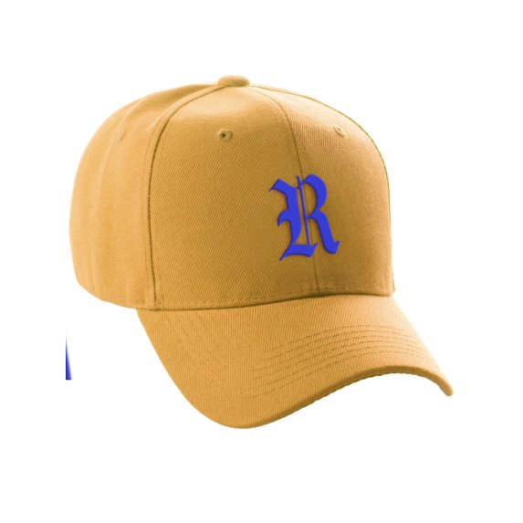 Daxton Structured Baseball Hat Curved Visor Old English Font, Gold Hat Royal R