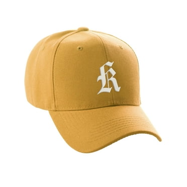 Daxton Structured Baseball Hat Cap Curved Visor Old English Font Alphabet A to Z, Gold Hat White K