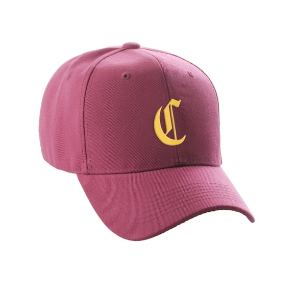 Daxton Structured Baseball Hat Cap Curved Visor Old English Font Alphabet A to Z, Hot Pink Hat Gold C
