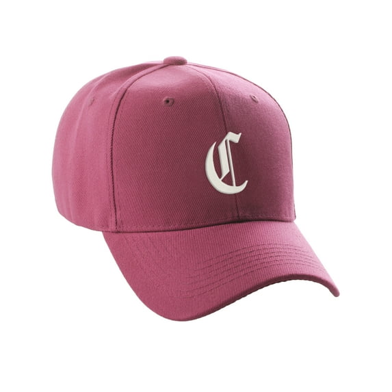 Daxton Structured Baseball Hat Cap Curved Visor Old English Font Alphabet A to Z, Hot Pink Hat White C