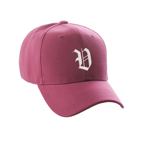 Daxton Structured Baseball Hat Cap Curved Visor Old English Font Alphabet A to Z, Hot Pink Hat White V