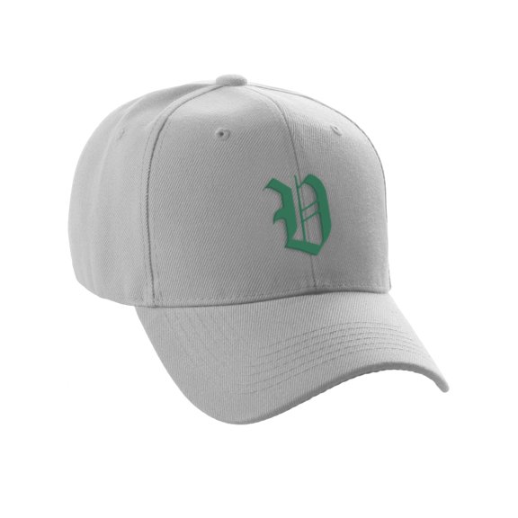 Daxton Structured Baseball Hat Cap Curved Visor Old English Font Alphabet A to Z, Light Grey Hat Green V