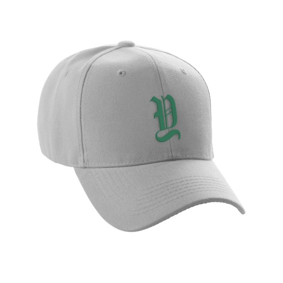 Daxton Structured Baseball Hat Cap Curved Visor Old English Font Alphabet A to Z, Light Grey Hat Green Y