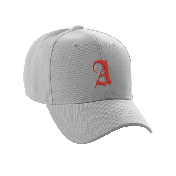 Daxton Structured Baseball Hat Cap Curved Visor Old English Font Alphabet A to Z, Light Grey Hat Red A