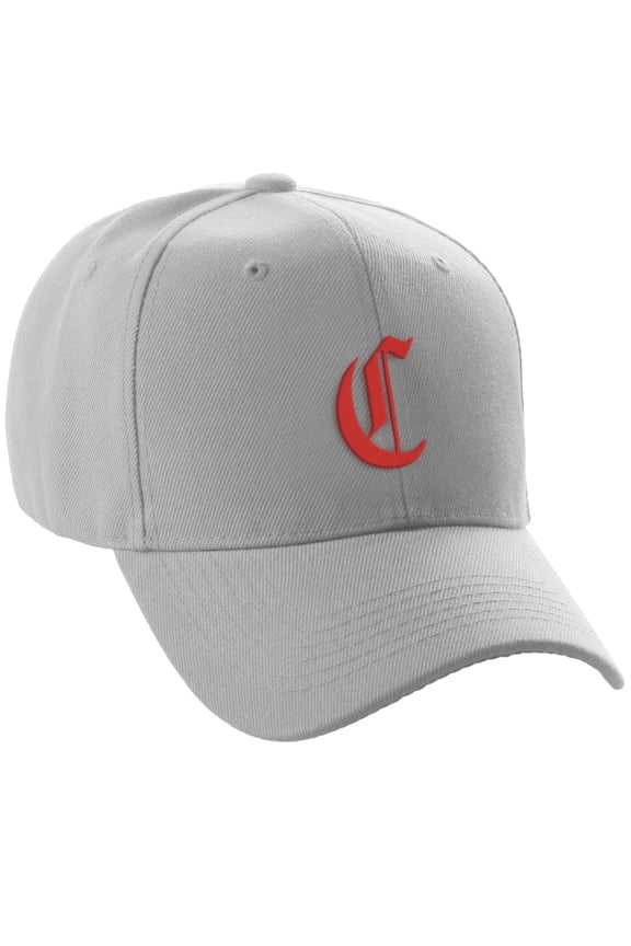 Structured Baseball Hat Cap Curved Visor Old English Font Alphabet A to Z, Light Grey Hat Red C