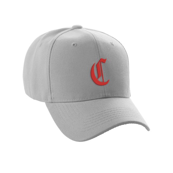 Daxton Structured Baseball Hat Cap Curved Visor Old English Font Alphabet A to Z, Light Grey Hat Red C