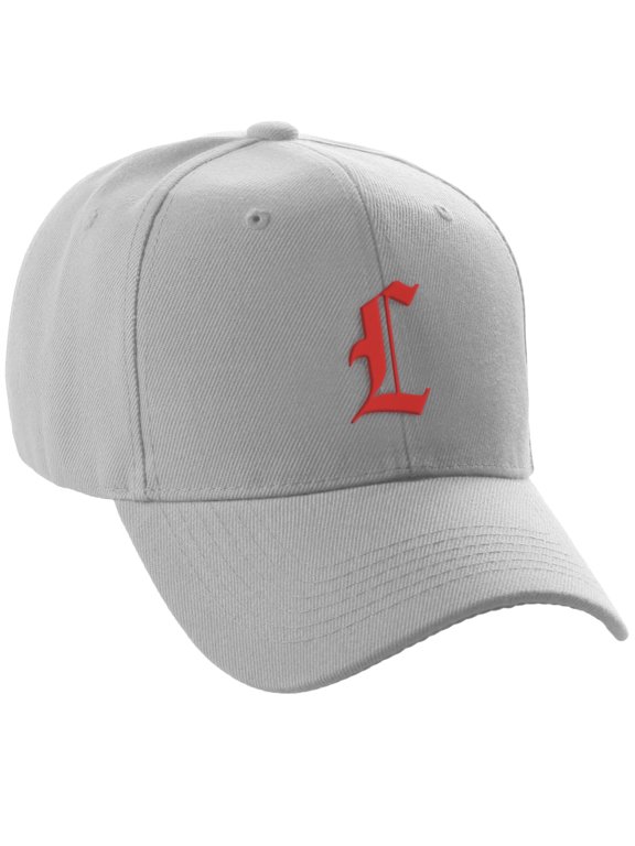 Structured Baseball Hat Curved Visor Old English Font, Light Grey Hat Red L