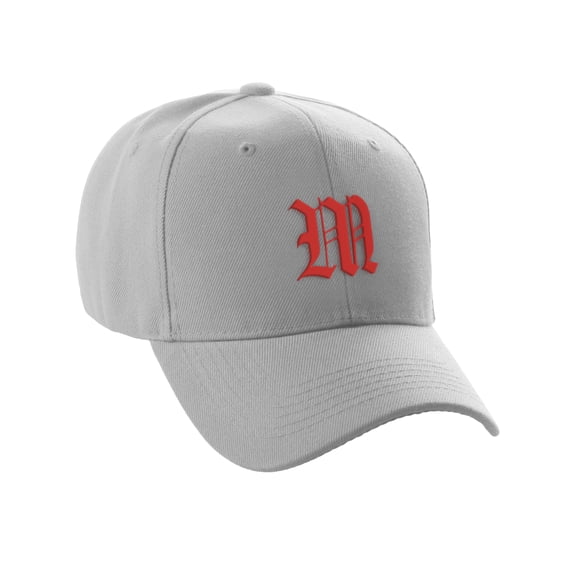 Daxton Structured Baseball Hat Cap Curved Visor Old English Font Alphabet A to Z, Light Grey Hat Red M