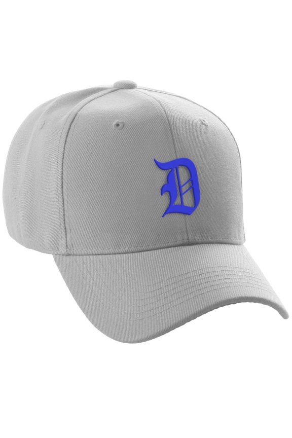 Structured Baseball Hat Curved Visor Old English Font, Light Grey Hat Royal D
