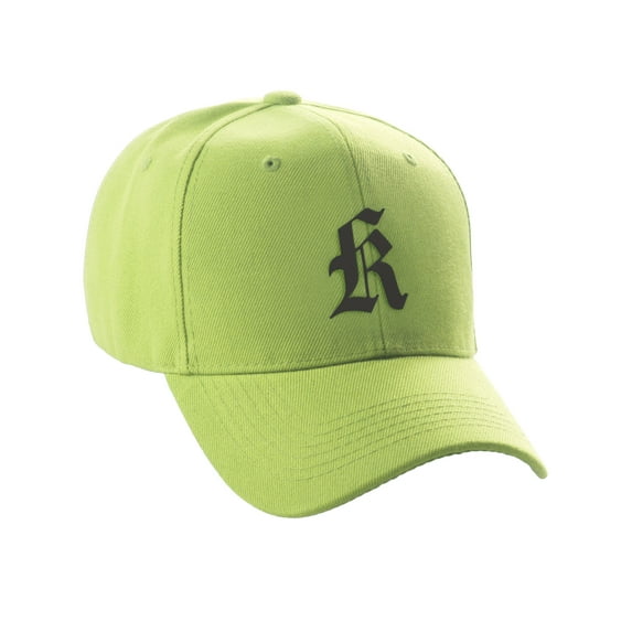 Daxton Structured Baseball Hat Cap Curved Visor Old English Font Alphabet A to Z, Lime Hat Black K