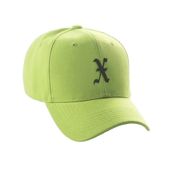 Daxton Structured Baseball Hat Cap Curved Visor Old English Font Alphabet A to Z, Lime Hat Black X