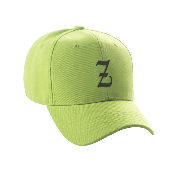 Daxton Structured Baseball Hat Cap Curved Visor Old English Font Alphabet A to Z, Lime Hat Black Z
