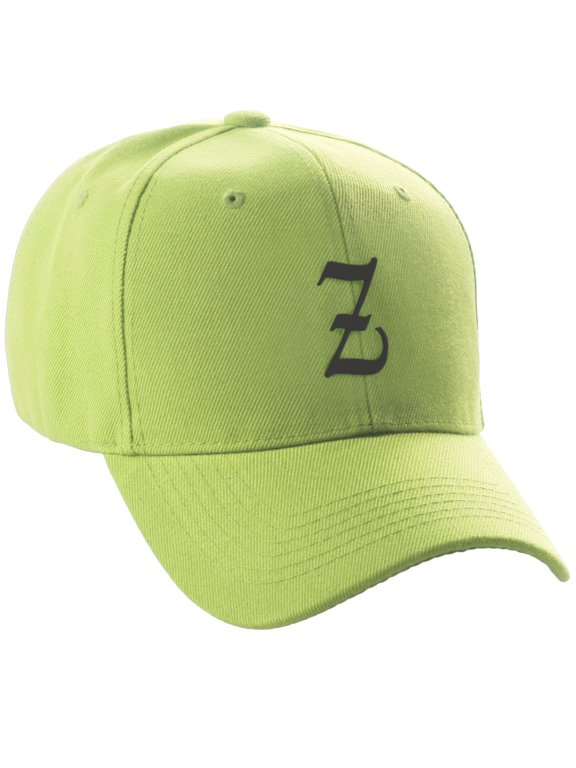 Structured Baseball Hat Cap Curved Visor Old English Font Alphabet A to Z, Lime Hat Black Z