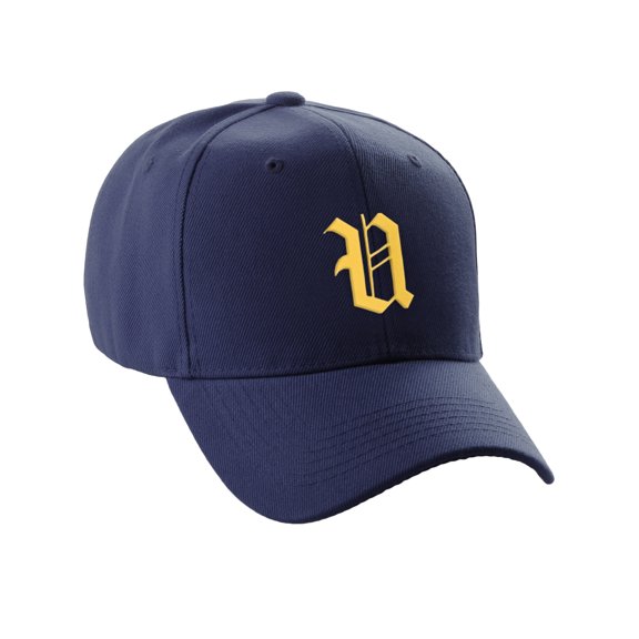 Daxton Structured Baseball Hat Cap Curved Visor Old English Font Alphabet A to Z, Navy Hat Gold U
