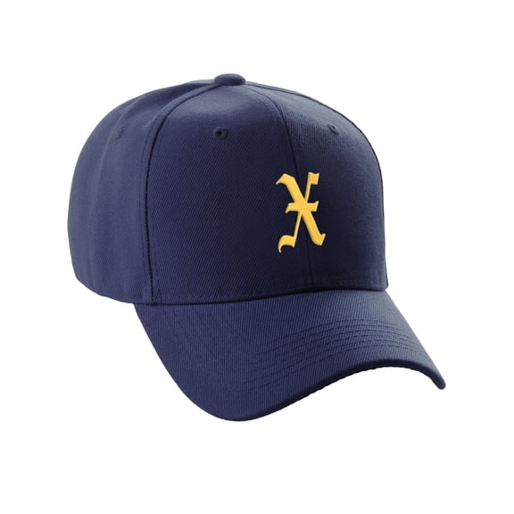 Daxton Structured Baseball Hat Cap Curved Visor Old English Font Alphabet A to Z, Navy Hat Gold X
