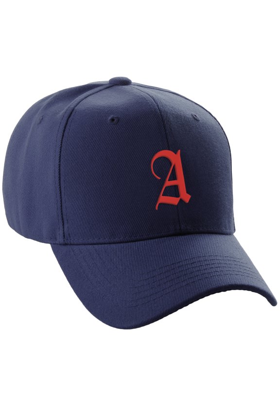 Structured Baseball Hat Cap Curved Visor Old English Font Alphabet A to Z, Navy Hat Red A