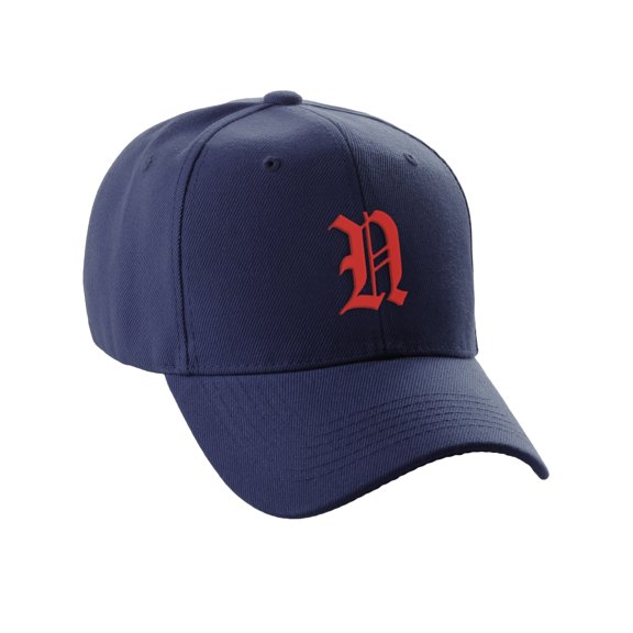 Daxton Structured Baseball Hat Cap Curved Visor Old English Font Alphabet A to Z, Navy Hat Red N