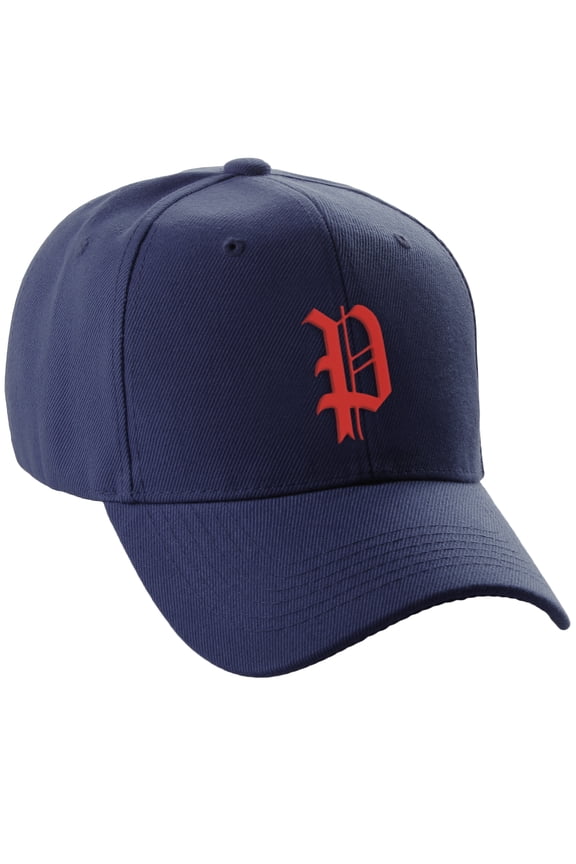 Structured Baseball Hat Cap Curved Visor Old English Font Alphabet A to Z, Navy Hat Red P