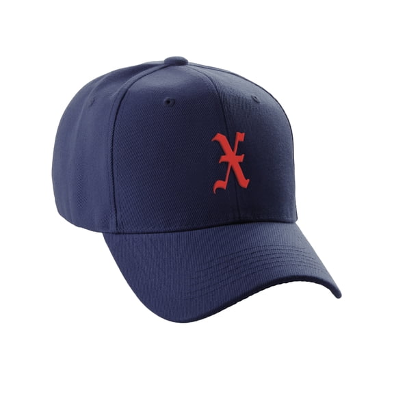 Daxton Structured Baseball Hat Cap Curved Visor Old English Font Alphabet A to Z, Navy Hat Red X