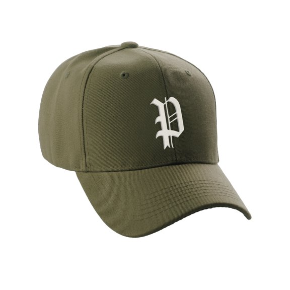 Daxton Structured Baseball Hat Cap Curved Visor Old English Font Alphabet A to Z, Olive Hat White P