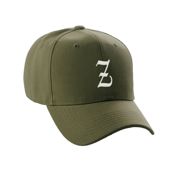 Daxton Structured Baseball Hat Cap Curved Visor Old English Font Alphabet A to Z, Olive Hat White Z