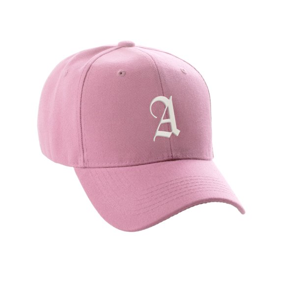 Daxton Structured Baseball Hat Cap Curved Visor Old English Font Alphabet A to Z, Pink Hat White A