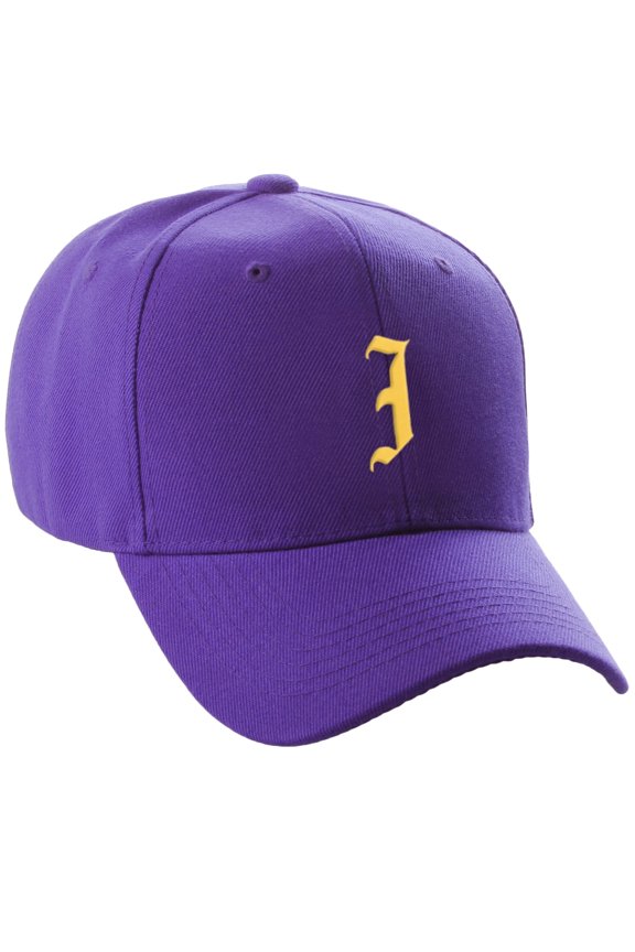 Structured Baseball Hat Curved Visor Old English Font, Purple Hat Gold I