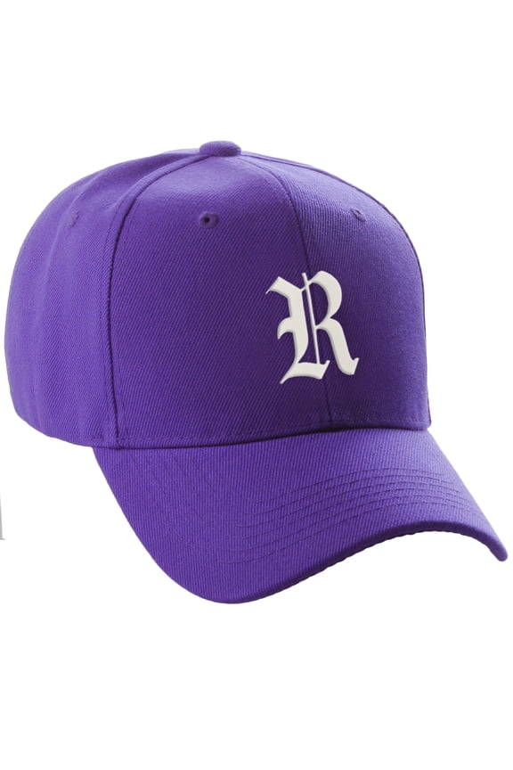 Structured Baseball Hat Cap Curved Visor Old English Font Alphabet A to Z, Purple Hat White R