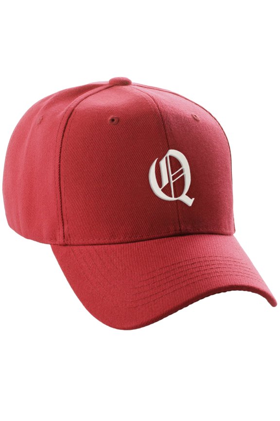 Structured Baseball Hat Cap Curved Visor Old English Font Red Hat White Q