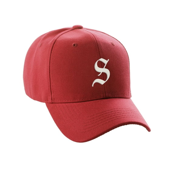 Daxton Structured Baseball Hat Cap Curved Visor Old English Font Alphabet A to Z, Red Hat White S